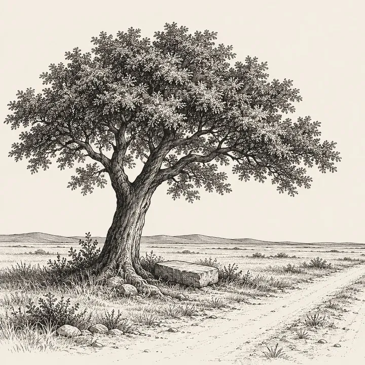 A pen-and-ink drawing of a broad old tree beside a dirt road, with a low stone resting in its shade.